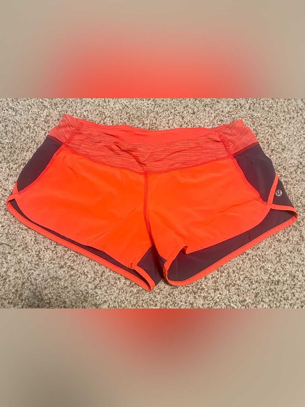 Lululemon Speed Shorts | Red‑Orange w/ Grey Trim | Size 10 | 2.5” inseam